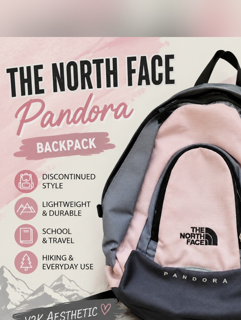 The North Face Pandora Backpack Pink Gray Black Daypack School Travel Hiking Y2K
